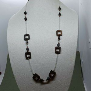 Boho Necklace Wood Squares Cubed Beads Iridescent Seed Beads  Clear Crystals  32